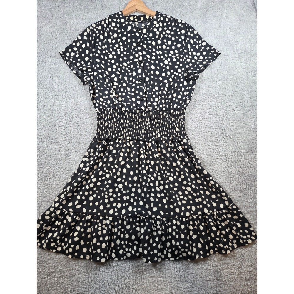 Black White Abstract Polka Dot Smocked Waist Button Down Blouse Top